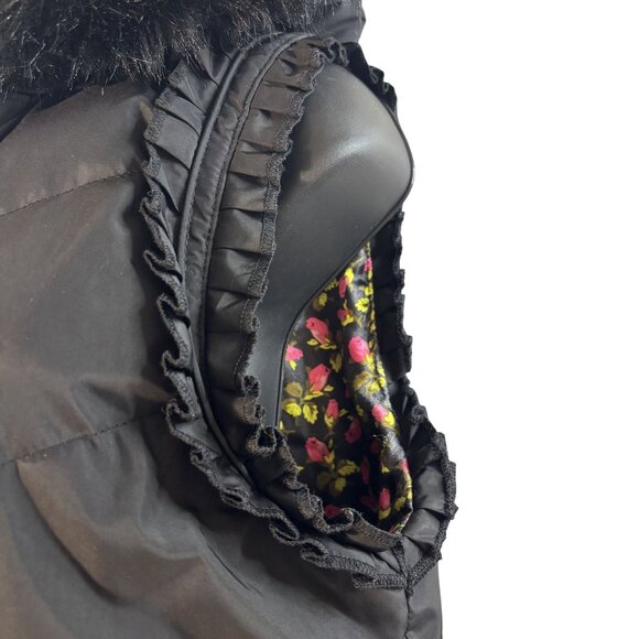 Betsey Johnson Black Hooded Vest W/ Faux Fur Trim & Floral Lining Size S - Picture 3 of 12